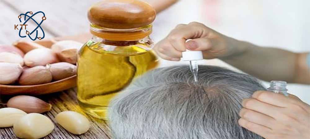 ریختن اسانس سیر با قطره چکان بر روی موهای سفید شخصی در کنار شیشه روغن و حبه های سیر