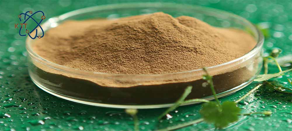 پودر قهوه ای لیگنوسولوفونات کلسیم داخل ظرف شیشه ای
